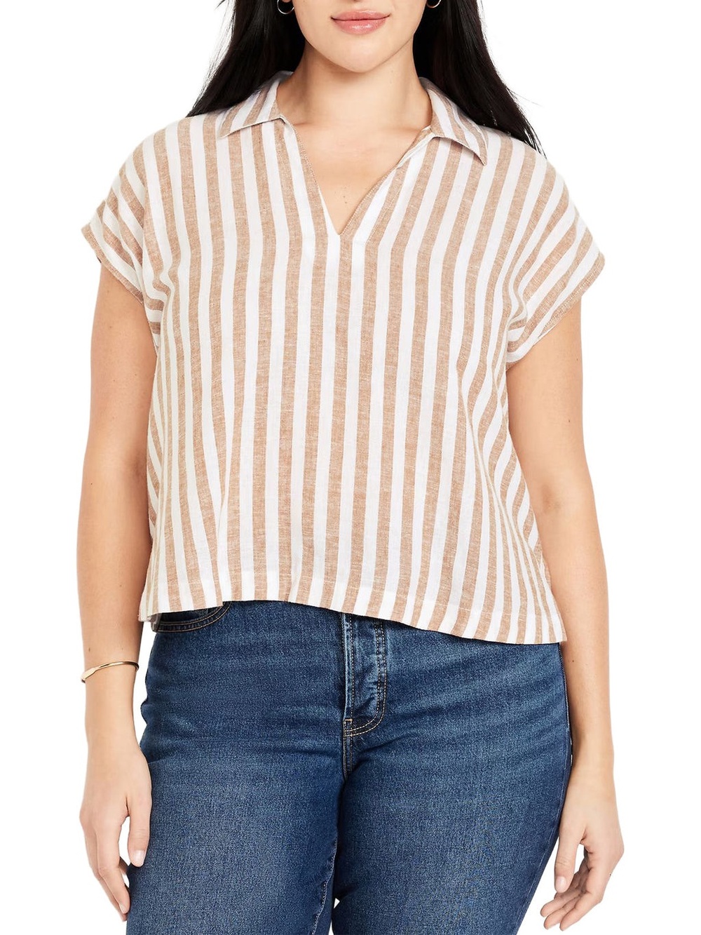 Old Navy Striped Linen-Blend Short Sleeve Top in Tan & White